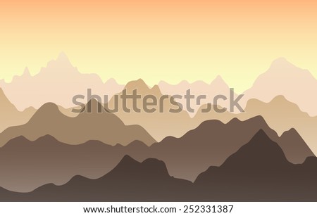 Beautiful mountain landscape in the summer evening. Vector illustration.  Sunset in the mountains.