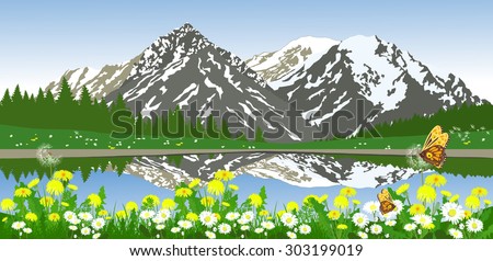 Vector landscape of mountains and meadow flowers at shore of the lake. Alpine valley.