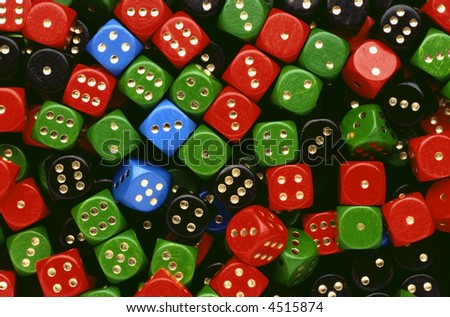 a lot of various dices in a mess