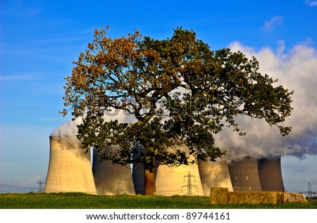 Tree in front of the cooling towers of the Ratcliffe Power Station in England