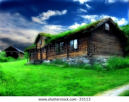 An old historic house, retouched in PS for a dreamy, unnatural look. Taken in Borgund Museum , Aalesund, Norway.