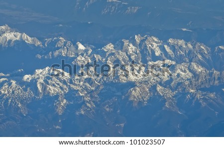 aerial view of Alps mountains in spring
