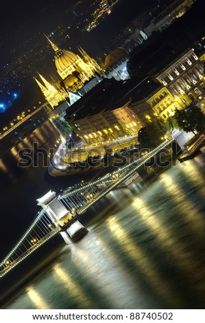 Hungarian parliament of Budapest and Chain bridge, night view