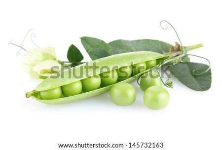 green pea with leaves and flower isolated on white background