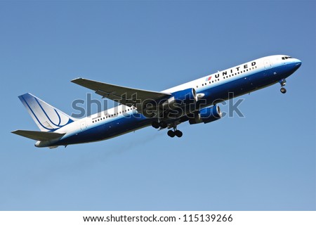 BRUSSELS - MAY 25: Boeing 777-222 of United Airlines approaching Brussels Airport in Brussels, BELGIUM on May 25, 2012. United Airlines is world\'s largest airline in terms of number of destinations.