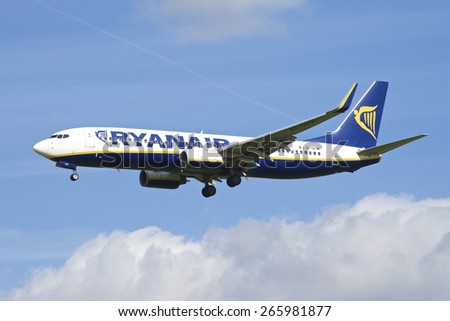 BRUSSELS - APRIL 2: Boeing 737-800 of Ryanair approaching Brussels Airport in Brussels, BELGIUM on APRIL 2, 2015. Ryanair is an Irish low-cost airline headquartered in Swords, Dublin.