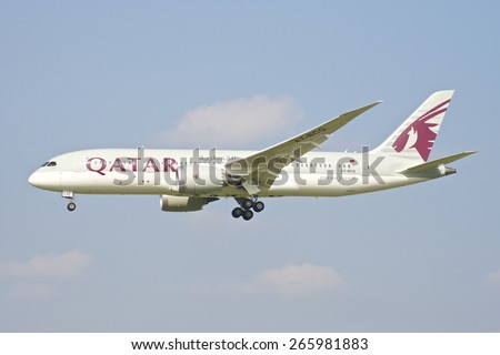 BRUSSELS - APRIL 2: Boeing 787 Dreamliner of Qatar Airways approaching Brussels Airport in Brussels, BELGIUM on APRIL 2, 2015. Qatar Airways, is the state-owned flag carrier of Qatar.