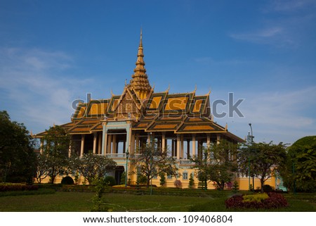 The Cambodian Throne Hall on the Royal Palace grounds in Phnom Penh faces east and is topped with a 59 meter spire