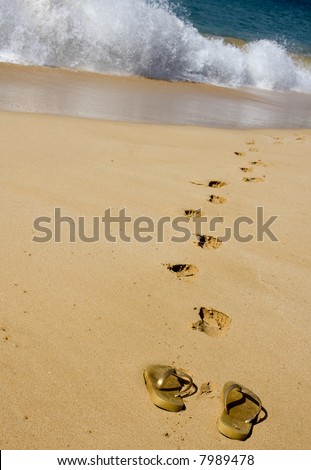 The owner of these flip flops left them behind to walk barefoot across golden sand towards the surf.