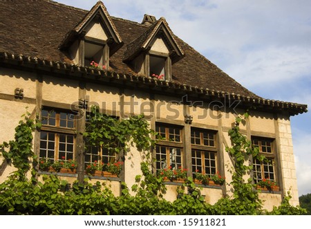 A half-timbered French house with flowers and vines.
