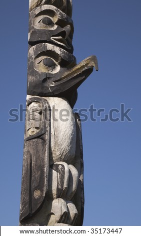 A long beaked bird on a totem pole against a clear blue sky.
