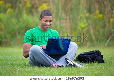 Happy African American College Student Holding Laptop Studying outdoor