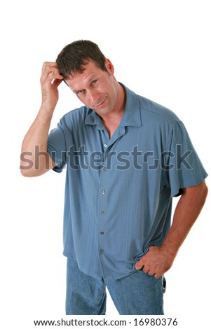 Casual Dressed Man Scratching Head on Isolated Background