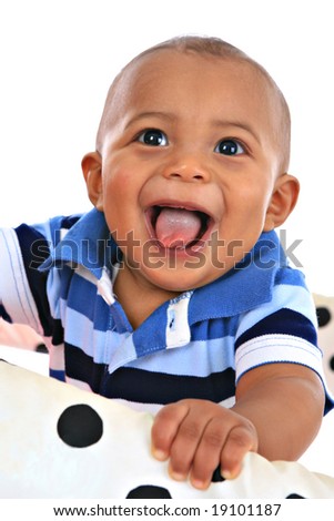 happy big smiling 7-month old baby boy portrait