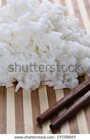 Cooked Rice on Bamboo Plate Closeup