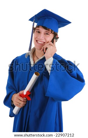 Smiling Young Male College Graduate Making Phone Call on Isolated background