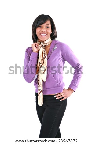 Casual Dressed Young African American Female Smiling on White Background
