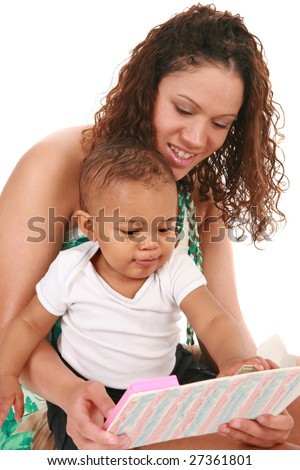 Smiling Mother and Baby Boy Reading Book Together on Isolated White background