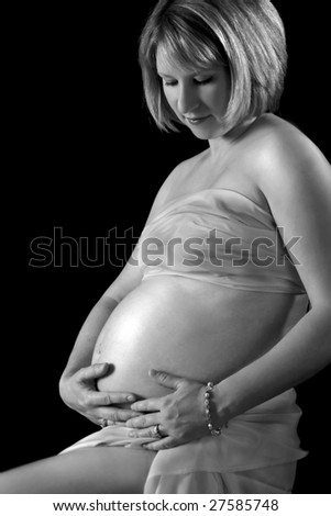 Beautiful Young Pregnant Woman Portrait Black and White Low Key Monochrome  Photo