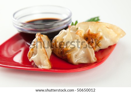 Fried Pot stickers, Dumplings, Traditional Asian Food, Stuffed with Pork Meat or Vegetables