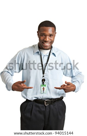 Happy Smiling African American Worker Carrying Employee Badge on Isolated White Background