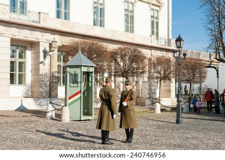 BUDAPEST, HUNGARY - FEBRUARY 15, 2014: Ceremony of changing the Guards near of the Presidential Palace