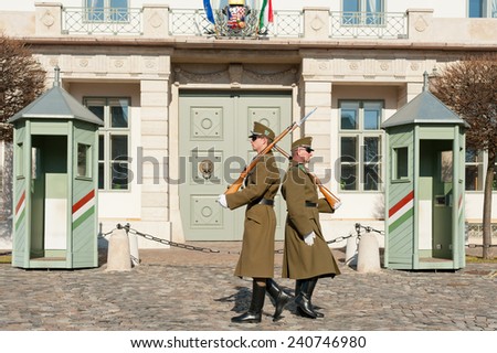 BUDAPEST, HUNGARY - FEBRUARY 15, 2014: Ceremony of changing the Guards near of the Presidential Palace