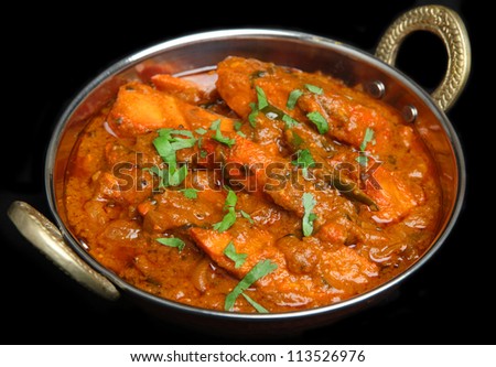 Indian chicken tikka jalfrezi curry in balti dish