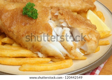 Battered cod with fries.