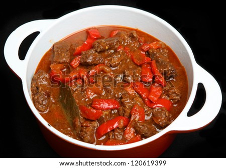 Hungarian goulash beef stew in casserole dish.