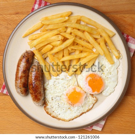 Sausages with fried eggs and chips.