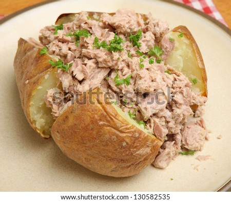 Jacket potato with tuna mayonnaise.