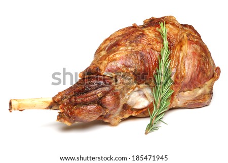 Roast leg of lamb on white background.