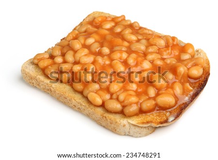 Baked beans on toast, isolated on white.
