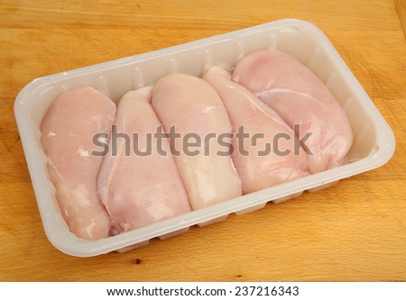 Chicken breast fillets in white plastic packaging tray.