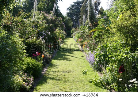 Rose Garden. Pathway through lush mature garden.