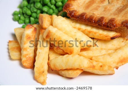 French fried potatoes with pie and peas.