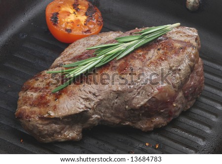 Sirloin steak frying in a skillet pan