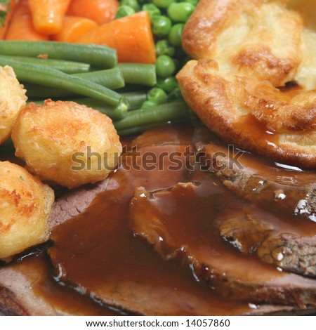 Sunday roast dinner with beef and Yorkshire pudding