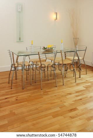 Dining table on hardwood flooring