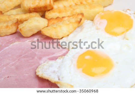 Close-up of ham, fried eggs and chips