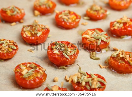 Roasted cherry tomatoes with garlic and fennel seeds