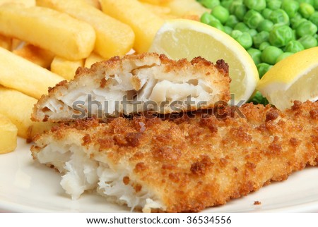 Breaded cod fillet with chips and peas