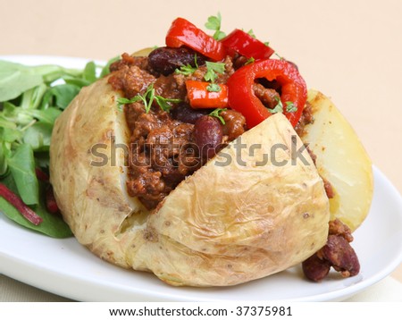 Jacket potato filled with chilli