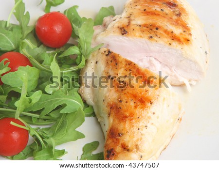 Grilled chicken breast with rocket and tomato salad