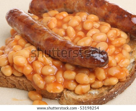 Baked beans with sausages on toast.