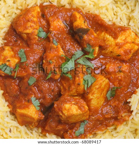 Indian chicken Madras curry with pilau rice.