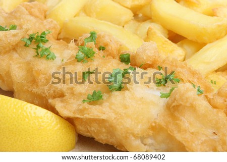 Battered cod fillet with chips.