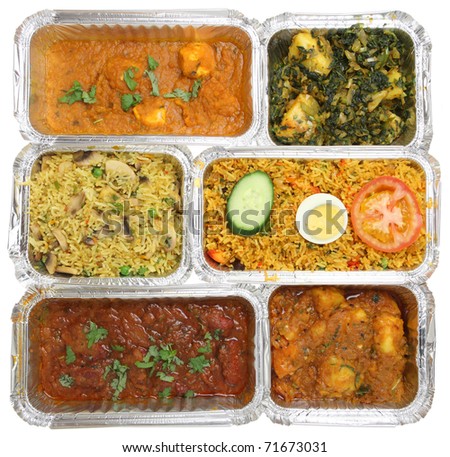 Indian curries & rice in takeaway food containers.