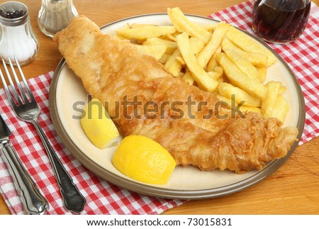 Fried cod fillet with chips.